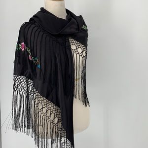 Chico’s black 100% silk embroidered fringe shawl